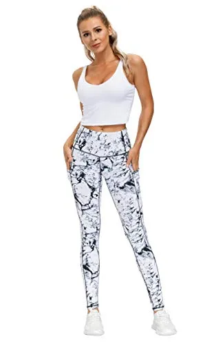 THE GYM PEOPLE Thick High Waist Yoga Pants with Pockets, Tummy Control Workout Running Yoga Leggings for Women (Medium, Marble)