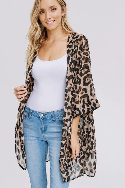 Three-quarter sleeve animal print chiffon kimono cardigan