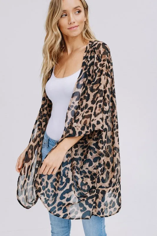 Three-quarter sleeve animal print chiffon kimono cardigan