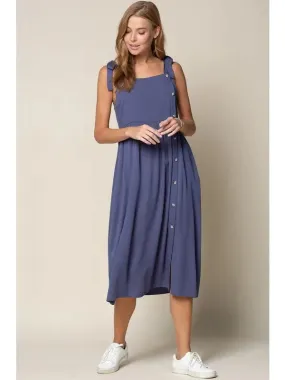 Tie Shoulder Side Button Down Midi Dress