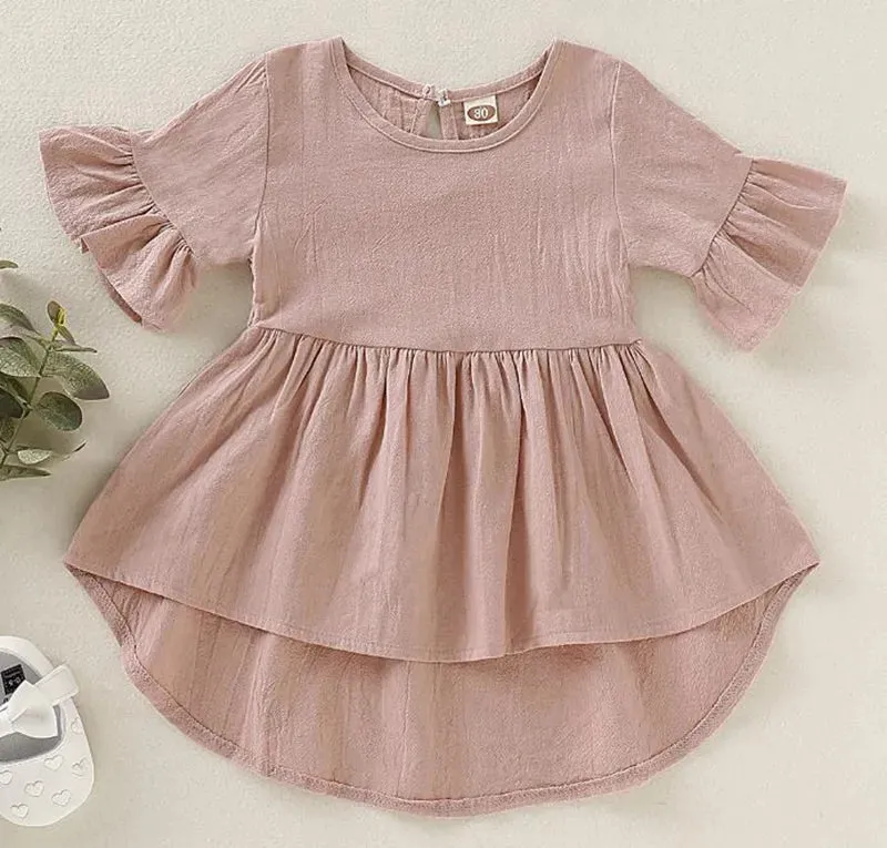 Toddler Girls Clothes Flare Sleeve Baby Girls Dresses Ruffles Children Princess Dress Solid Color Kids Dresses Summer Baby Clothing DW5698