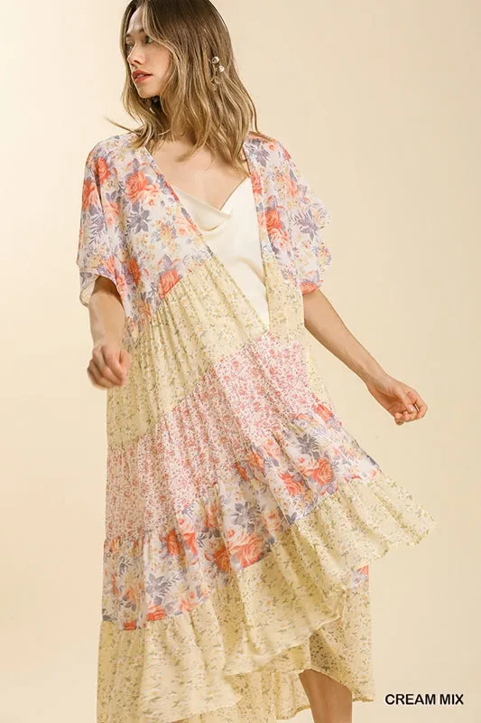 Umgee Sheer Tiered Open Kimono - Cream Mix