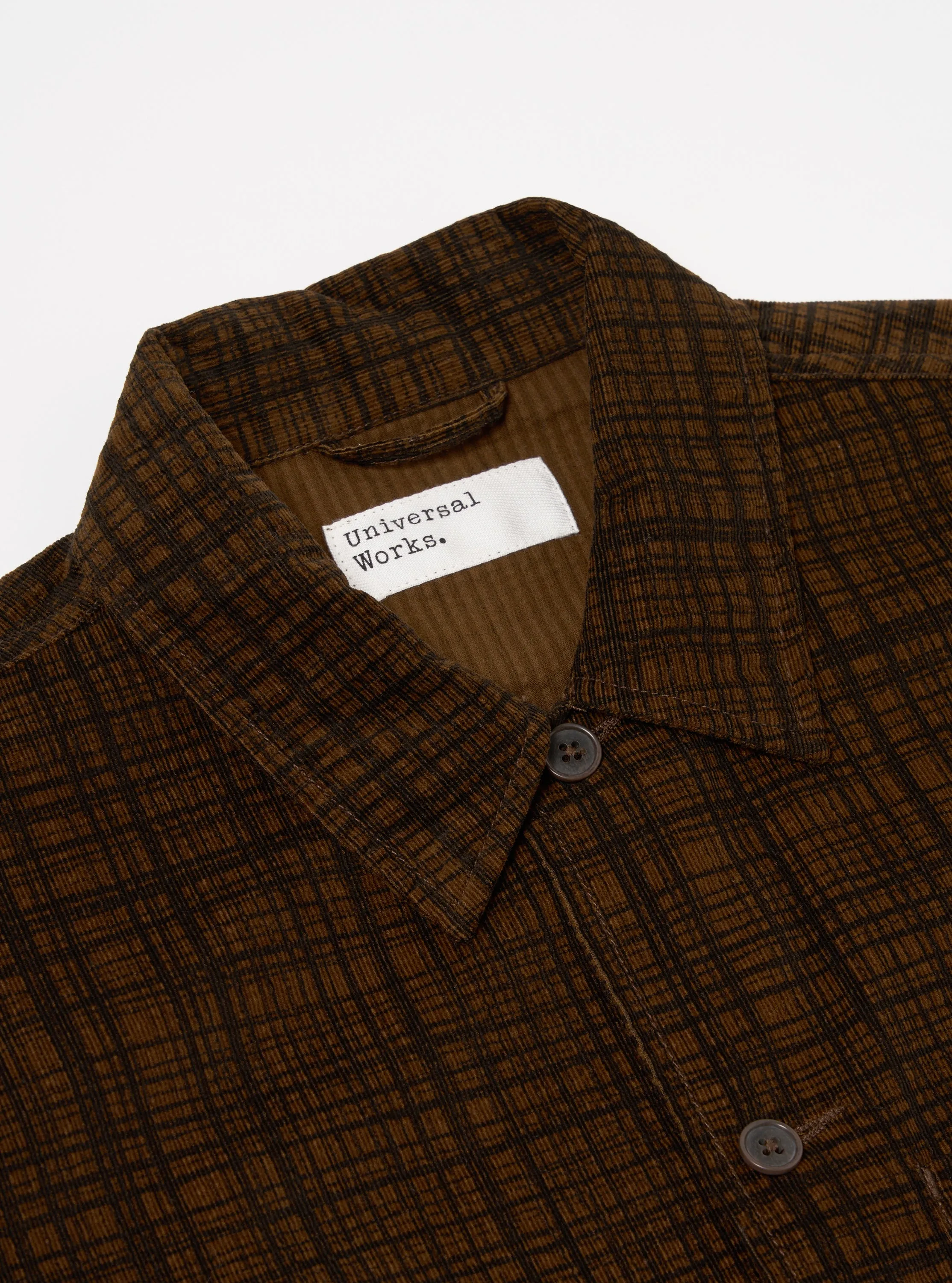 Universal Works Uniform Jacket in Brown Check Cord Seersucker