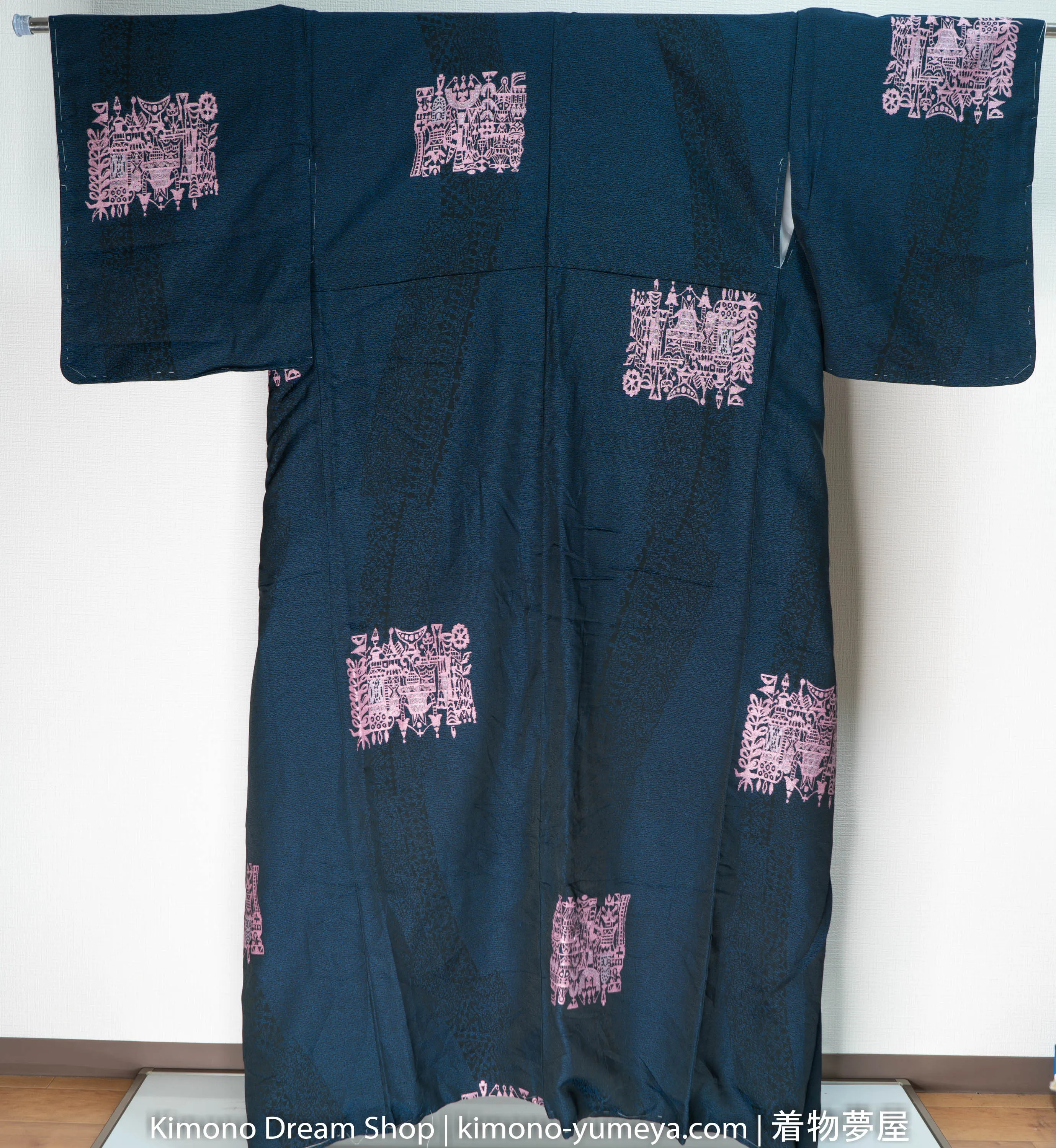 Unused Dark Blue Kimono - Pink Embroidery - Retro Patterns - Black Accenting - Vintage Silk Japanese Clothing