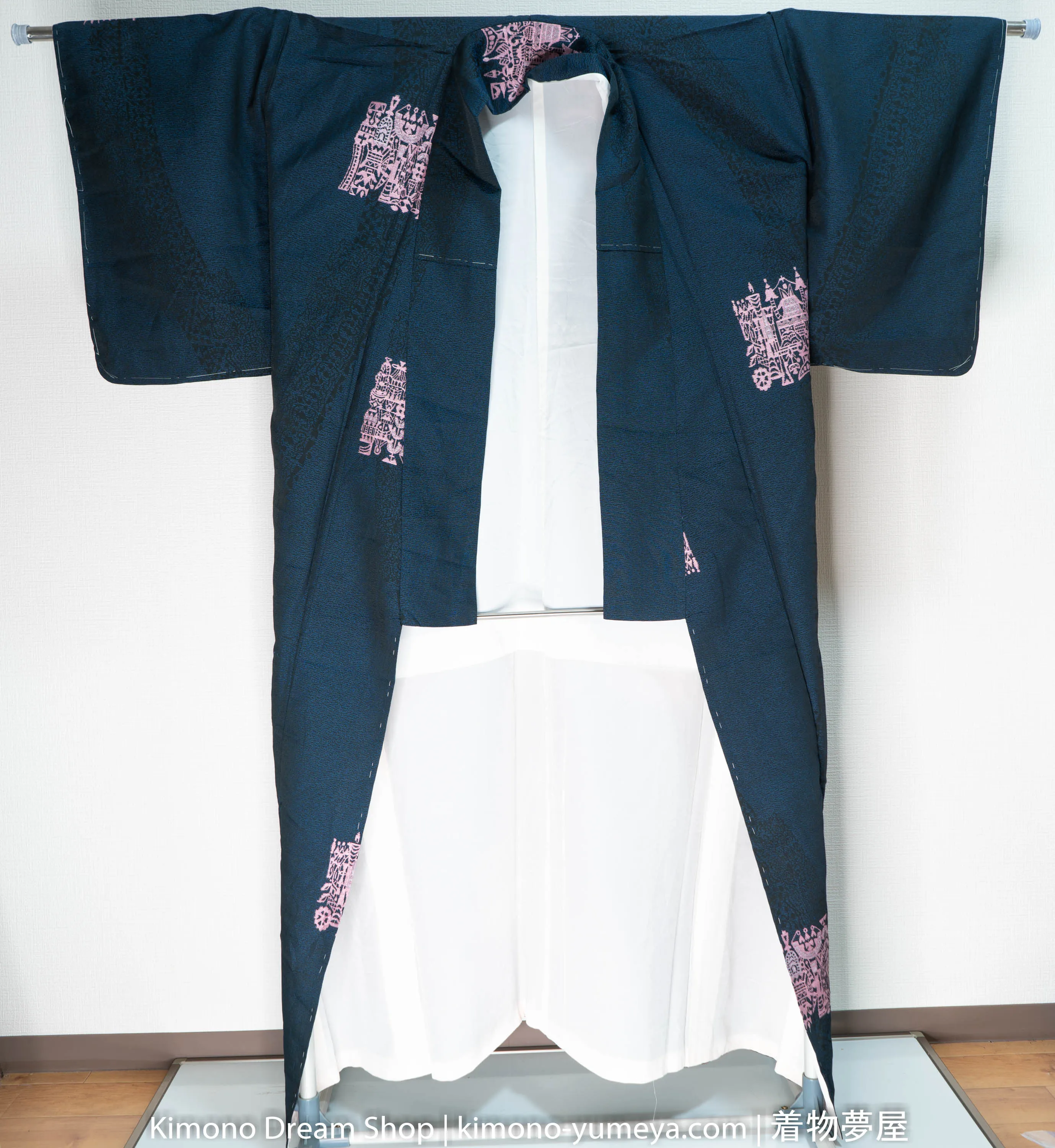 Unused Dark Blue Kimono - Pink Embroidery - Retro Patterns - Black Accenting - Vintage Silk Japanese Clothing