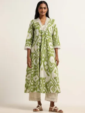 Utsa Green Ikkat Printed Cotton Kurta