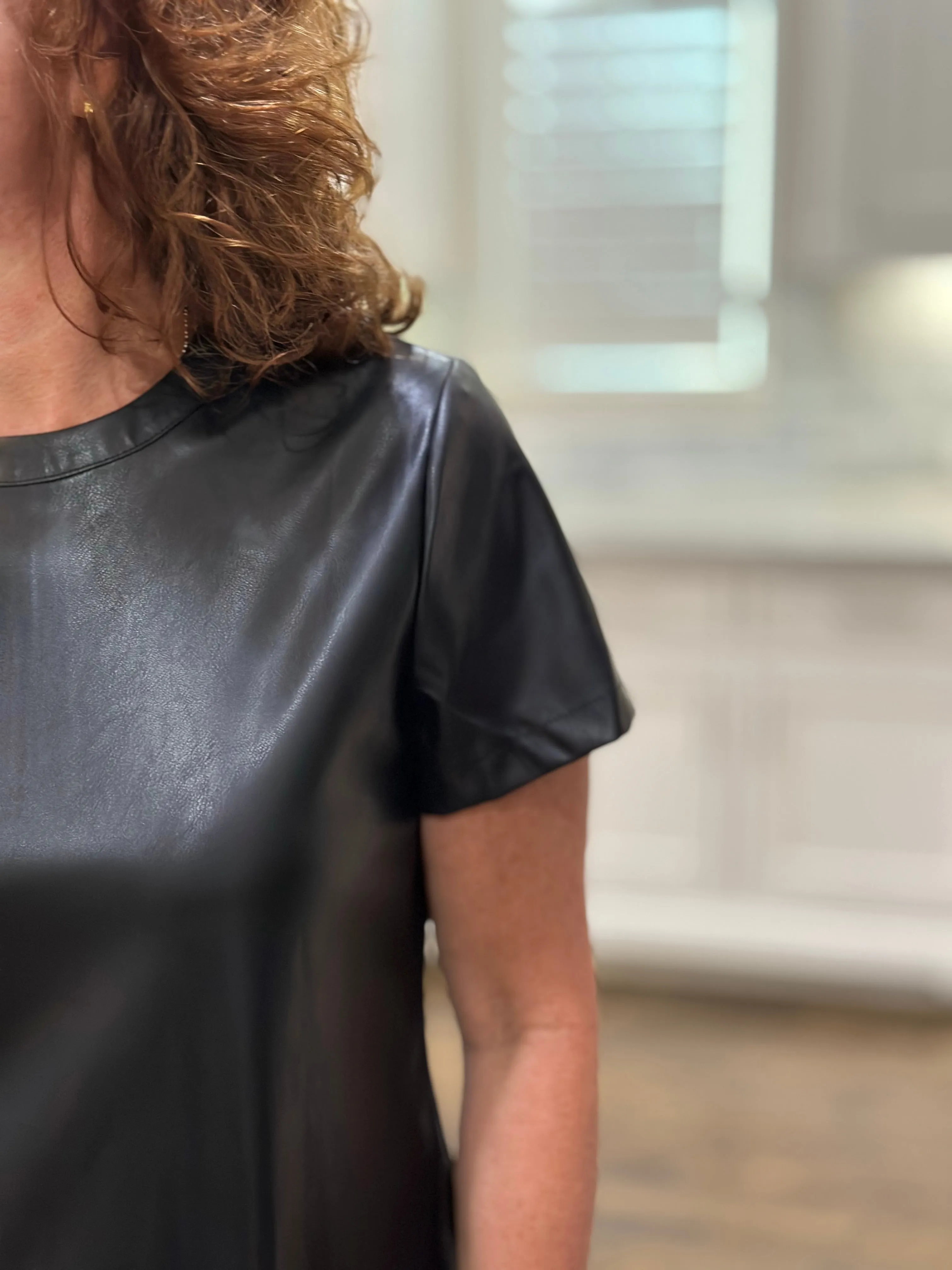 Vegan Leather Short Sleeve Top in Black