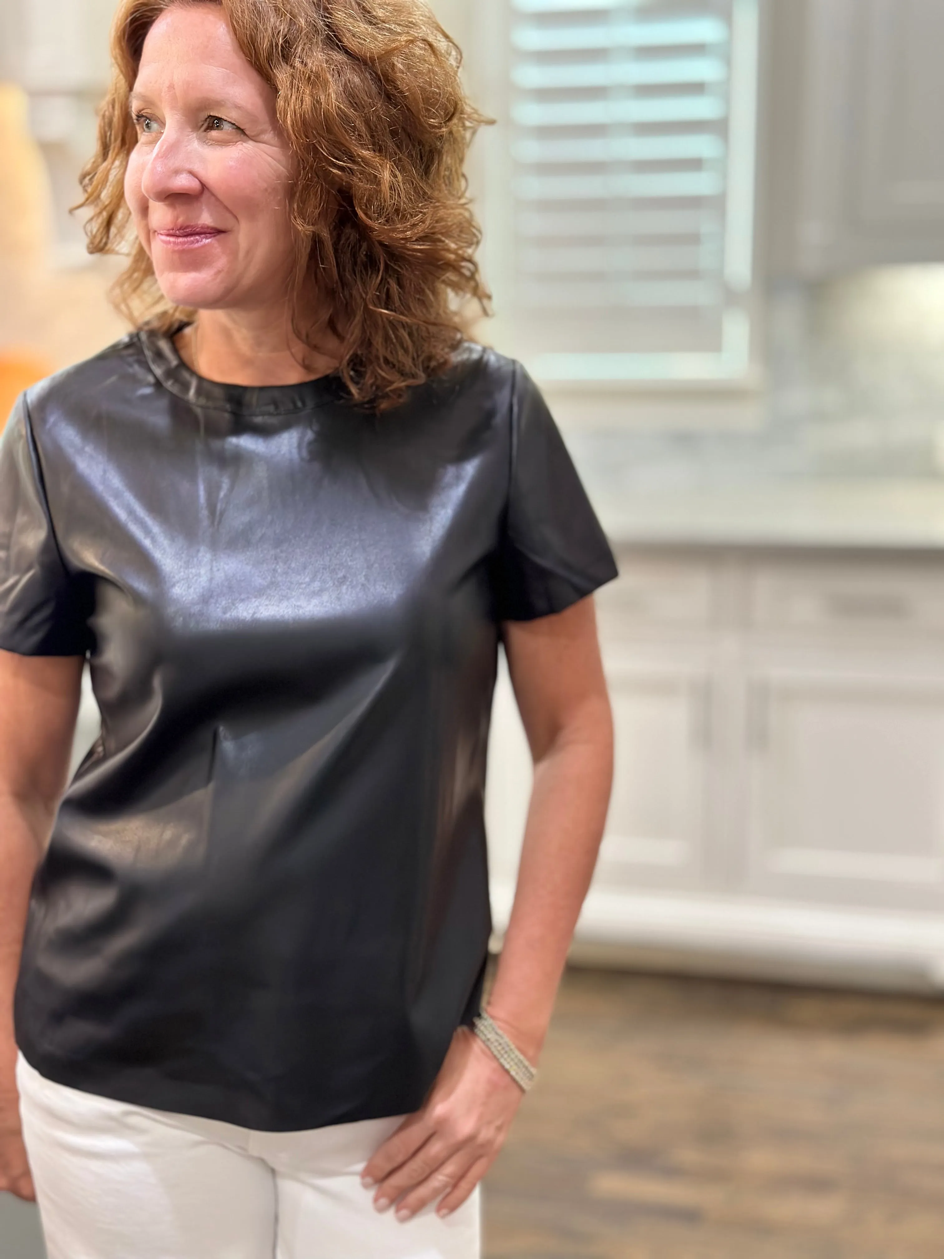 Vegan Leather Short Sleeve Top in Black