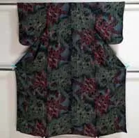 Vintage 1960s Komon Kimono - Black Dark Red Green Formal - Floral Flowers Abstract Patterns Retro