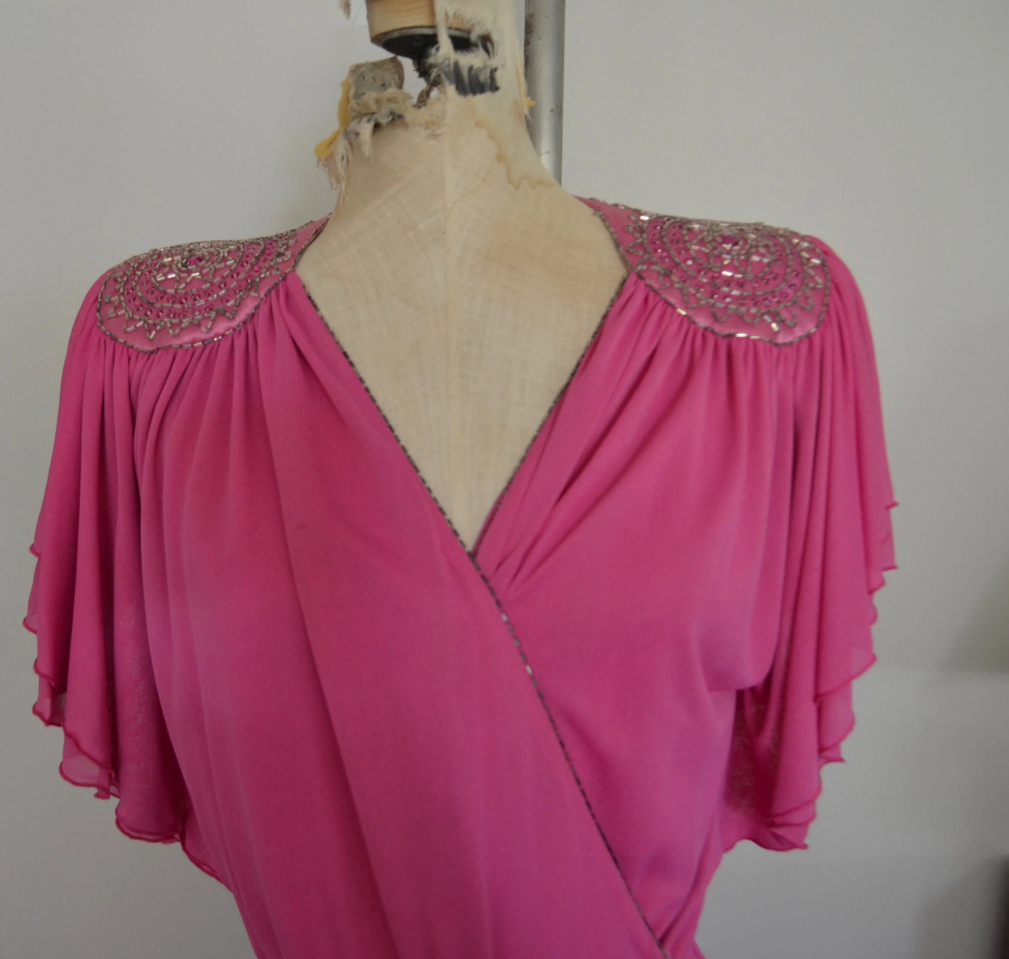 Vintage 70s Lillie Rubin pink wrap dress Goddess Gatsby loungewear glam