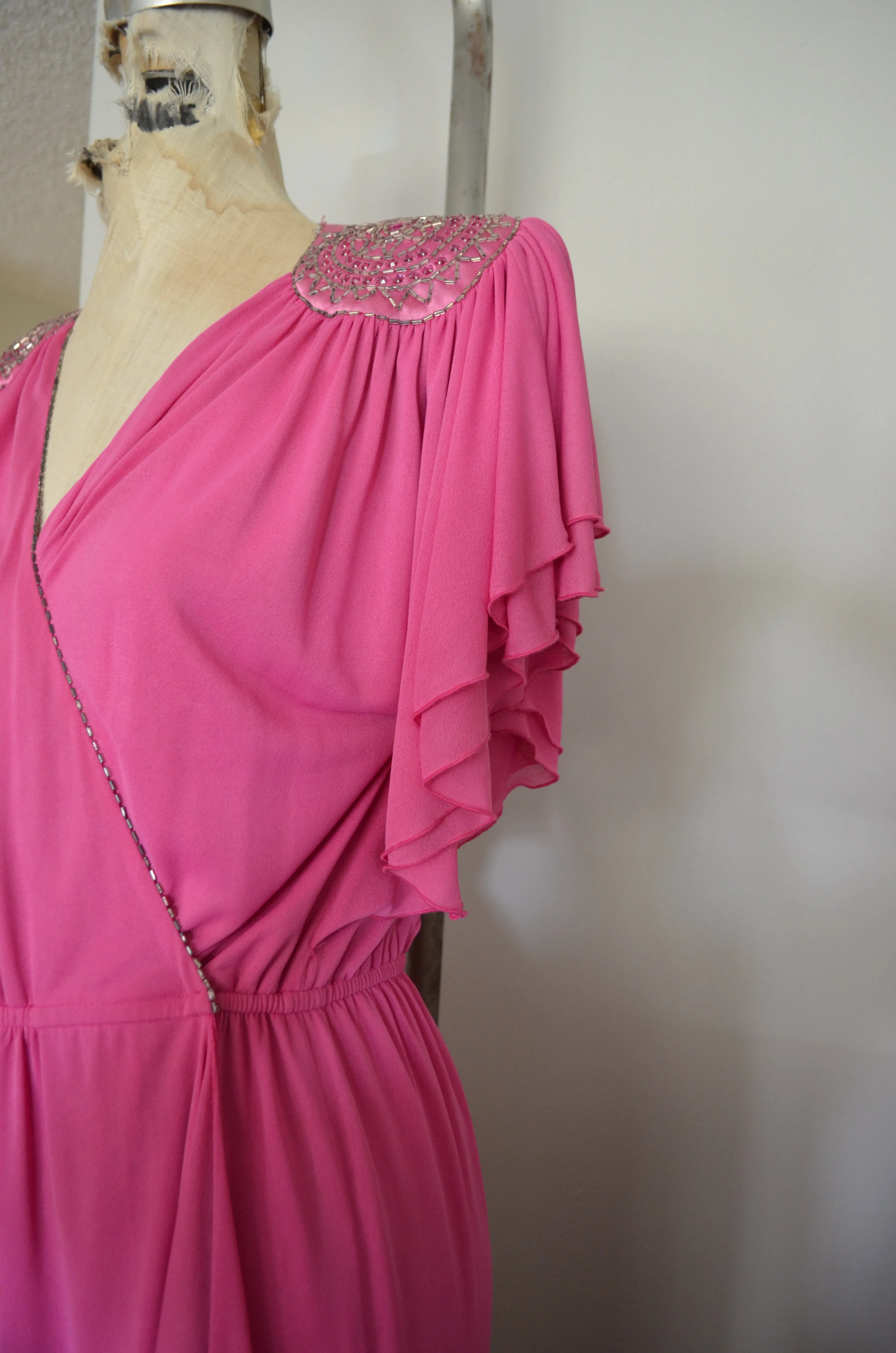 Vintage 70s Lillie Rubin pink wrap dress Goddess Gatsby loungewear glam