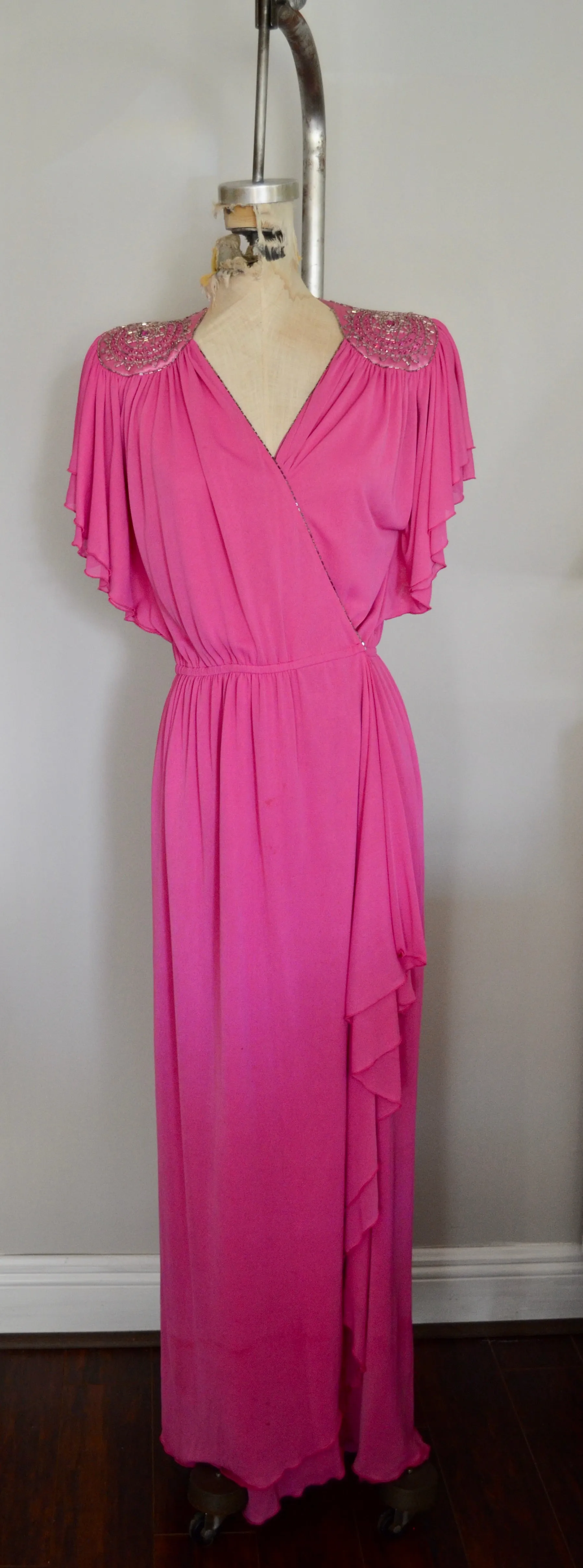 Vintage 70s Lillie Rubin pink wrap dress Goddess Gatsby loungewear glam