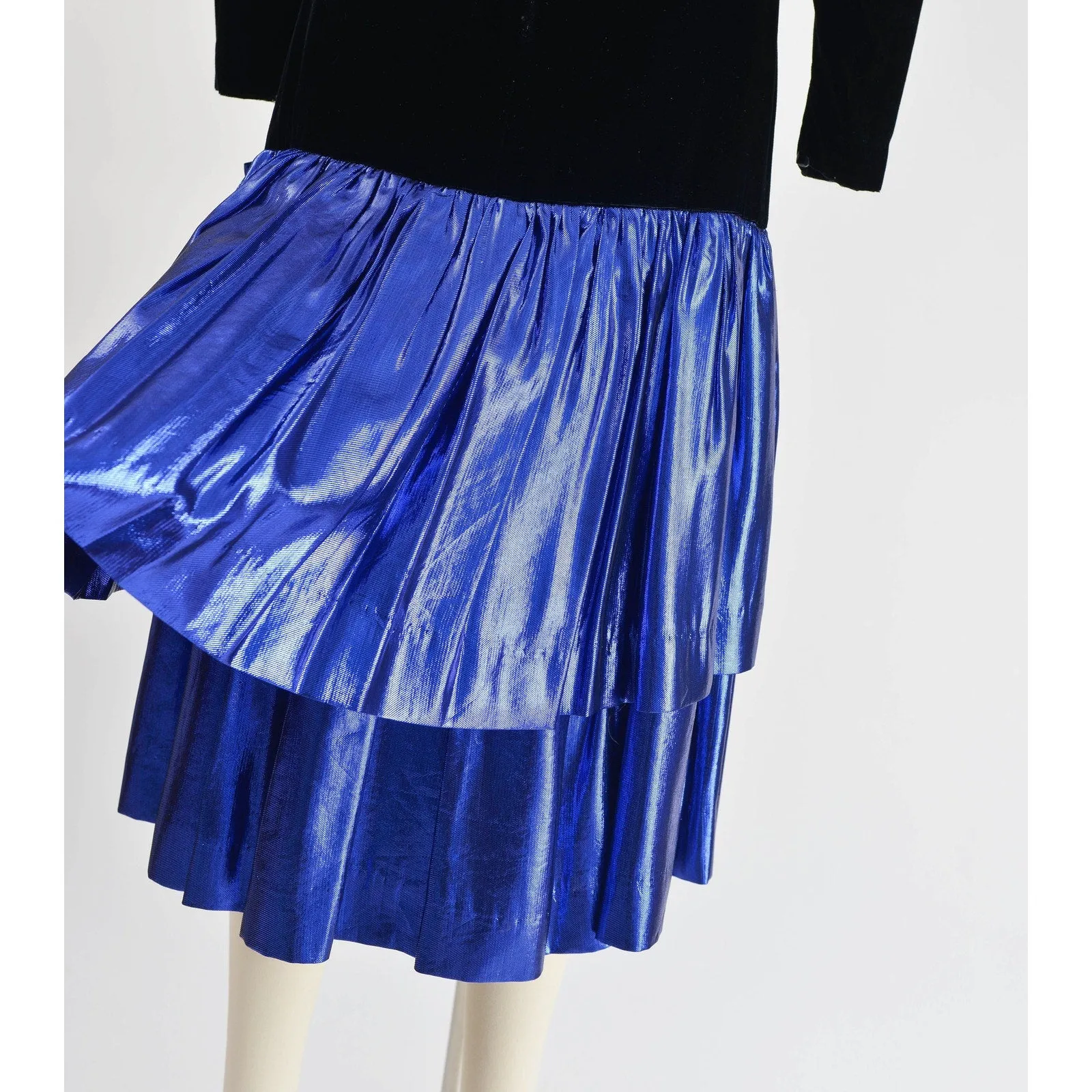 Vintage 80s Black Velvet and Metallic Blue Lame Ruffle Hem Dropped Waist Dress size S