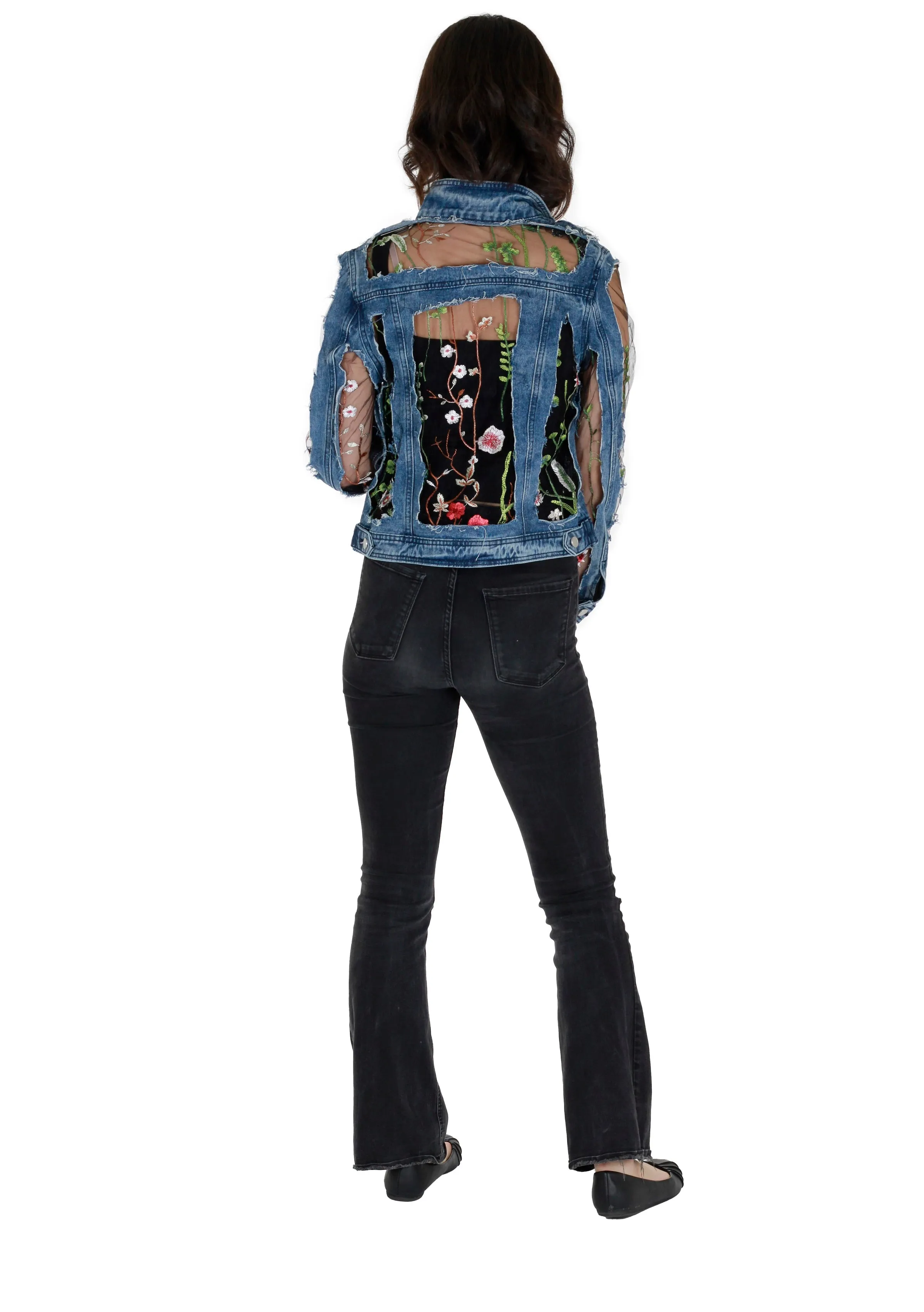 Vintage Denim Jacket with Stylish Floral Embroidery Detailing