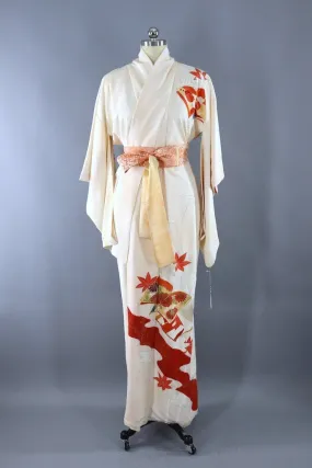 Vintage Ivory & Red Maple Leaves Silk Kimono Robe