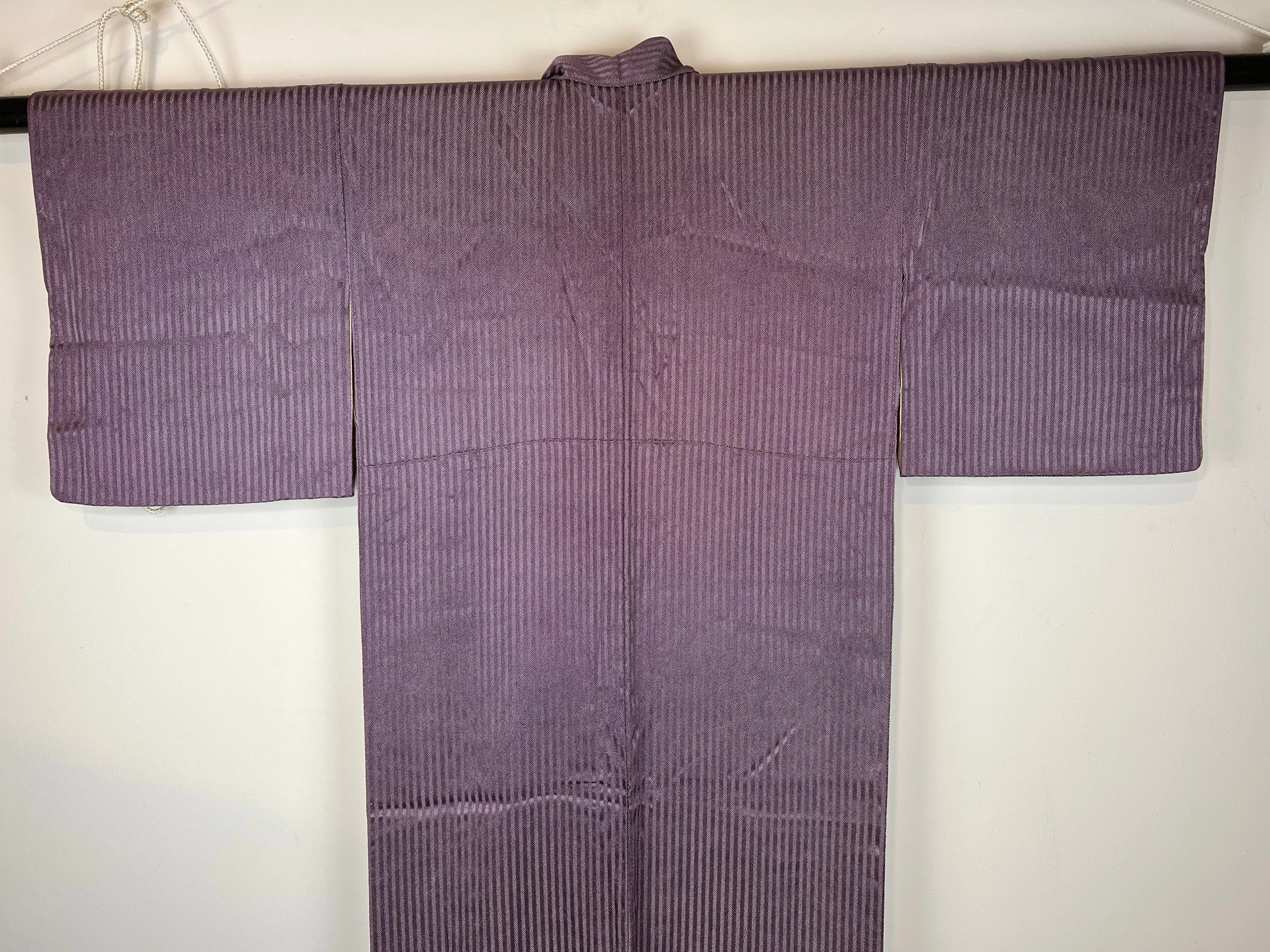 Vintage Japanese Silk Kimono Purple & White Wave Pattern 60"L