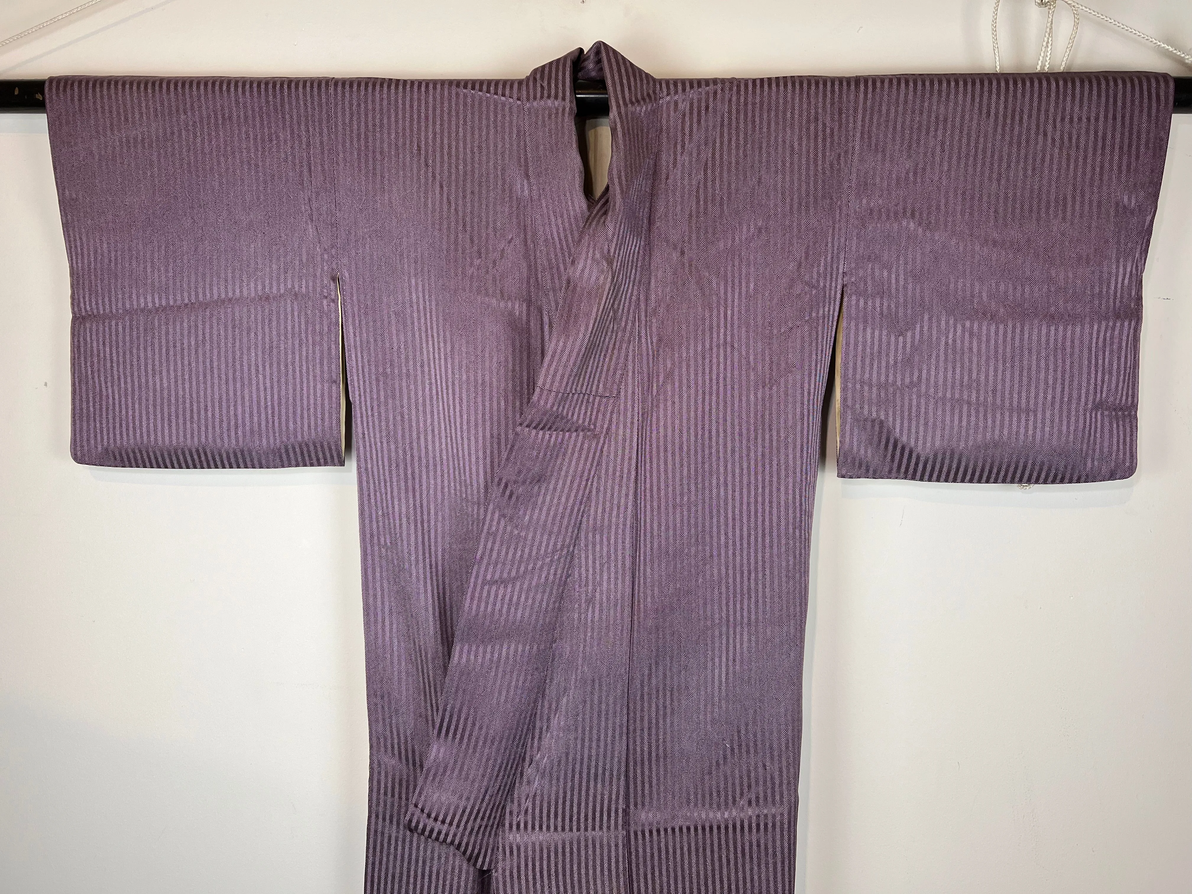 Vintage Japanese Silk Kimono Purple & White Wave Pattern 60"L