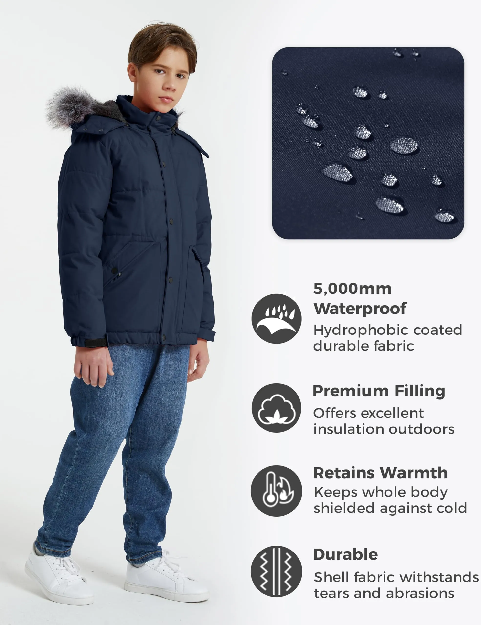 wantdo Boy's Thicken Winter Coat Windproof Puffer Jacket Waterproof Outerwear Coat Navy 10/12