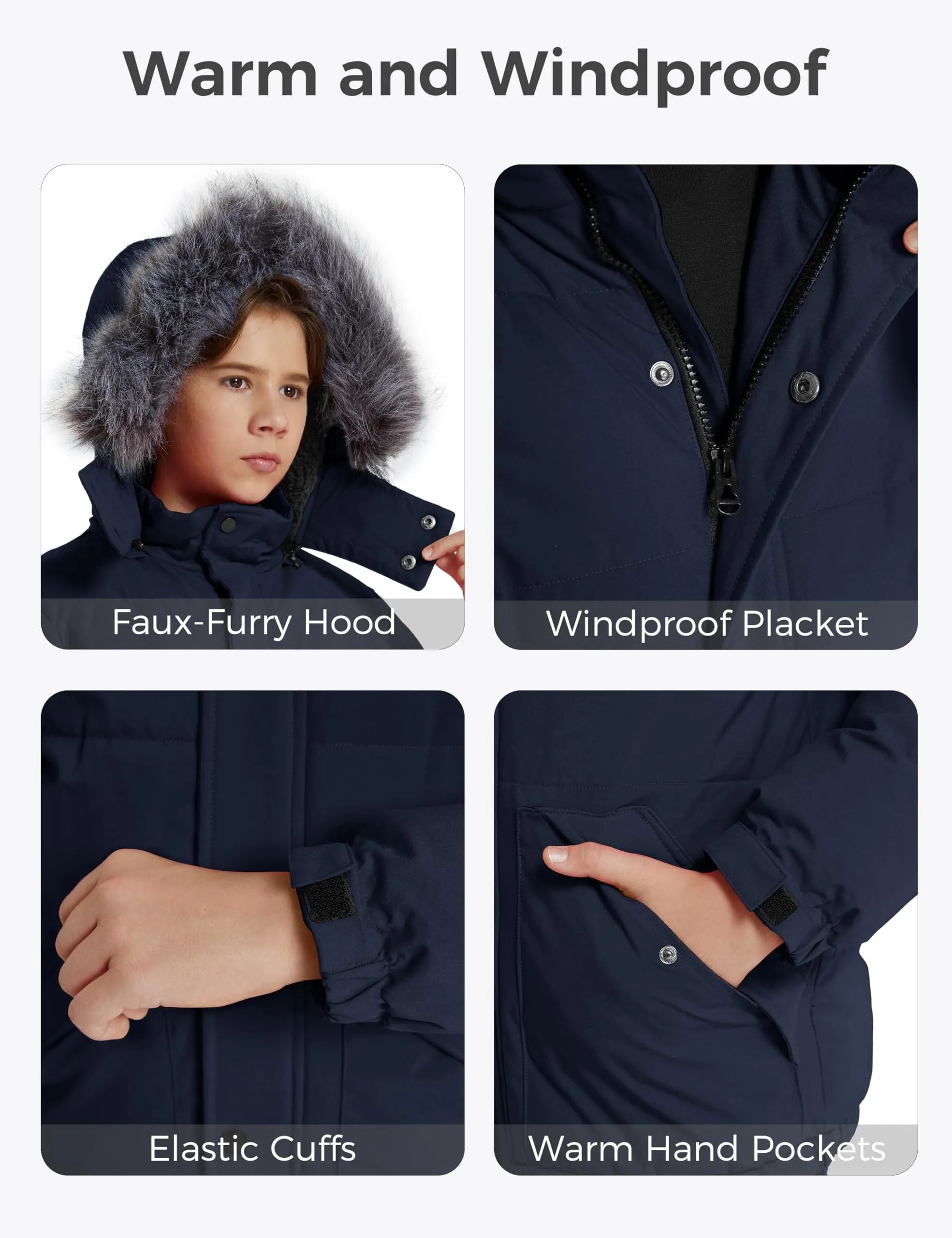 wantdo Boy's Thicken Winter Coat Windproof Puffer Jacket Waterproof Outerwear Coat Navy 10/12