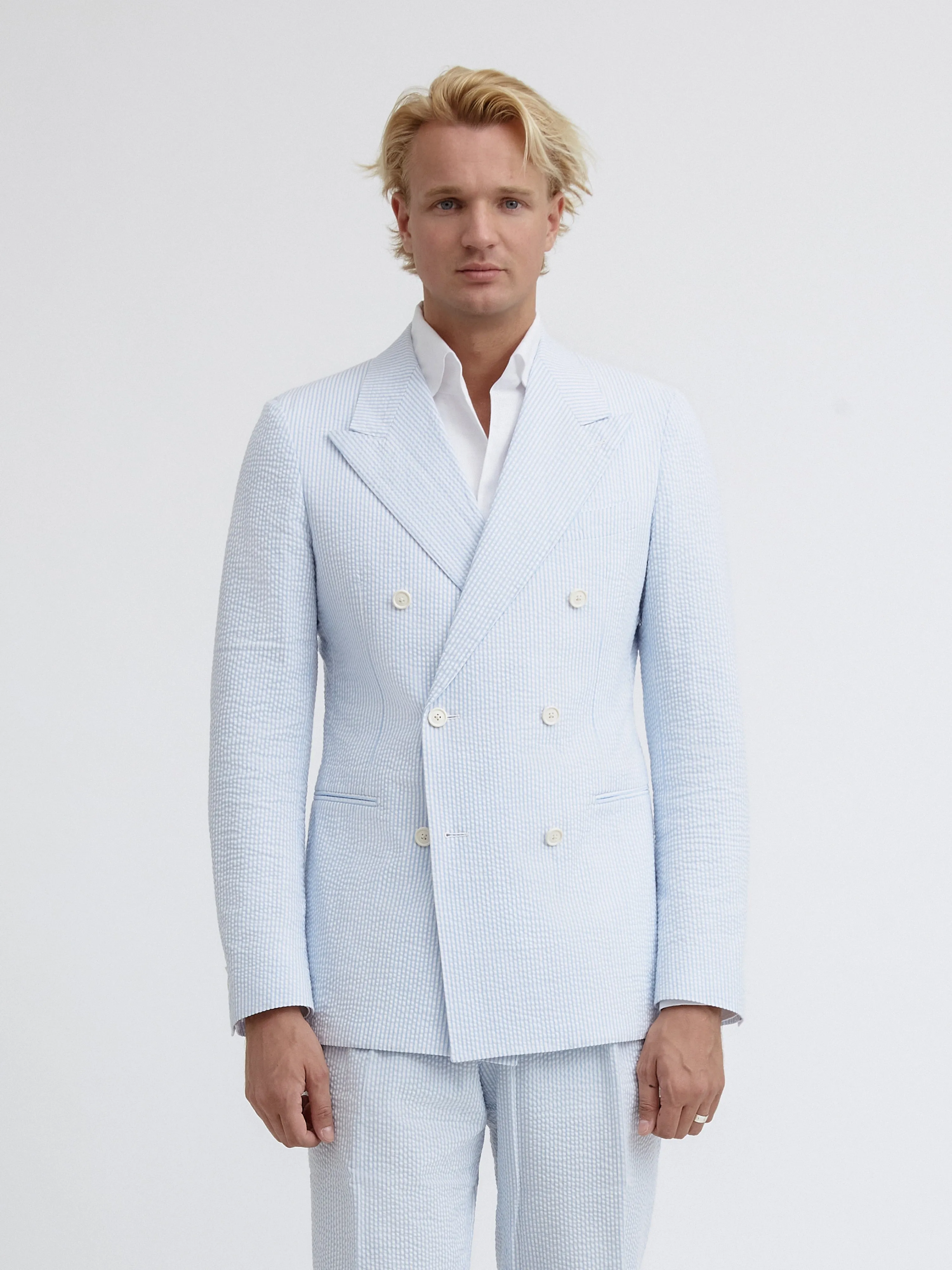 White Blue Striped Seersucker Suit