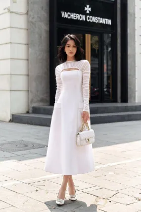 White gathered long sleeves dress-ANN