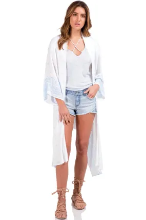 White Long Kimono with Blue Stamped Detailing