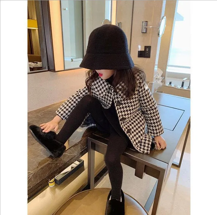 Winter Korean Houndstooth Girl Mid-length Coat