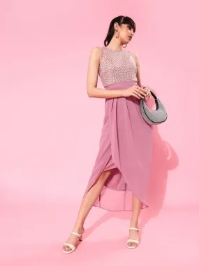 Women Pink Sequinned Wrap Midi Dress