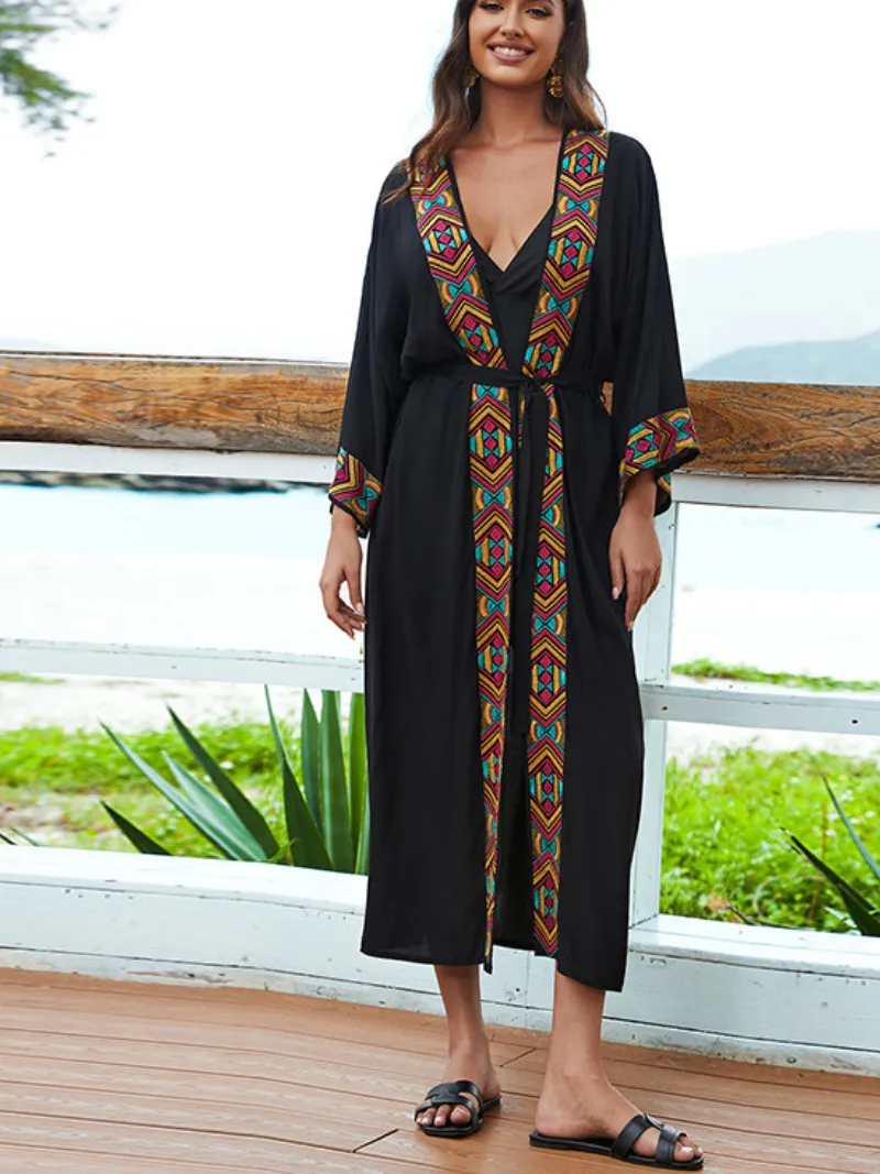 Women's Beach Casual Sunny Days Embroidered Belt Kimono Dress