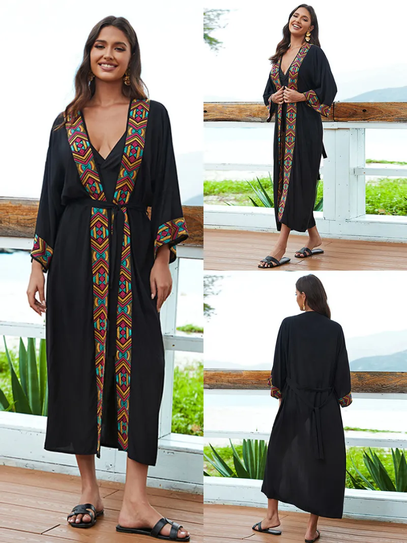 Women's Beach Casual Sunny Days Embroidered Belt Kimono Dress