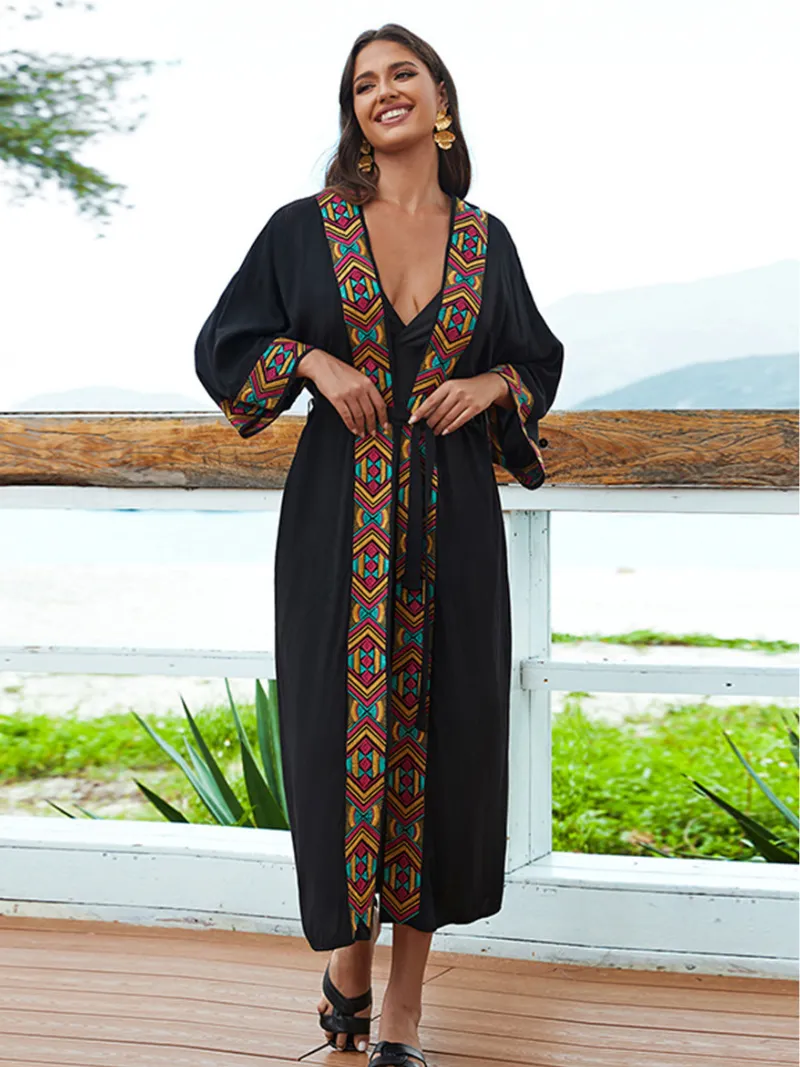 Women's Beach Casual Sunny Days Embroidered Belt Kimono Dress