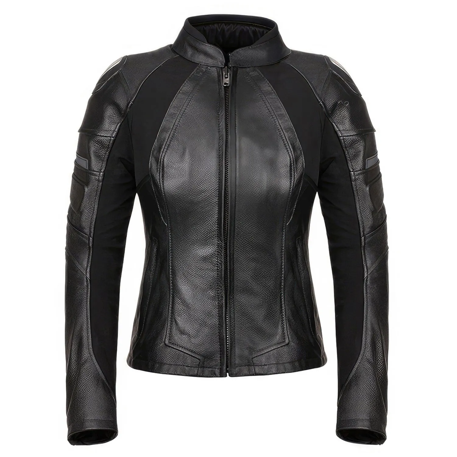 Women’s Black Biker Genuine Cowhide Stand Collar Cycling Protective Black Stripped Slim Fit Moto Racing Four Seasons Leather Jacket