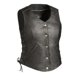 Womens Black Button Front Leather Vest