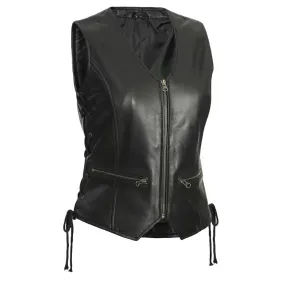 Womens Black Leather Zipper Vest