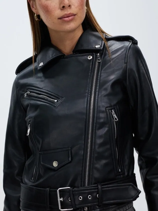 Women's Faux Leather Classic Asymmetrical Motorcycle Black Jacket by Kaja Clothing - Caroline Leather Jacket