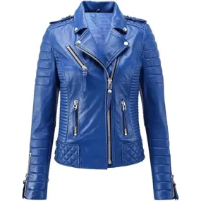 Women's Leather Blue Motorcycle Jacket