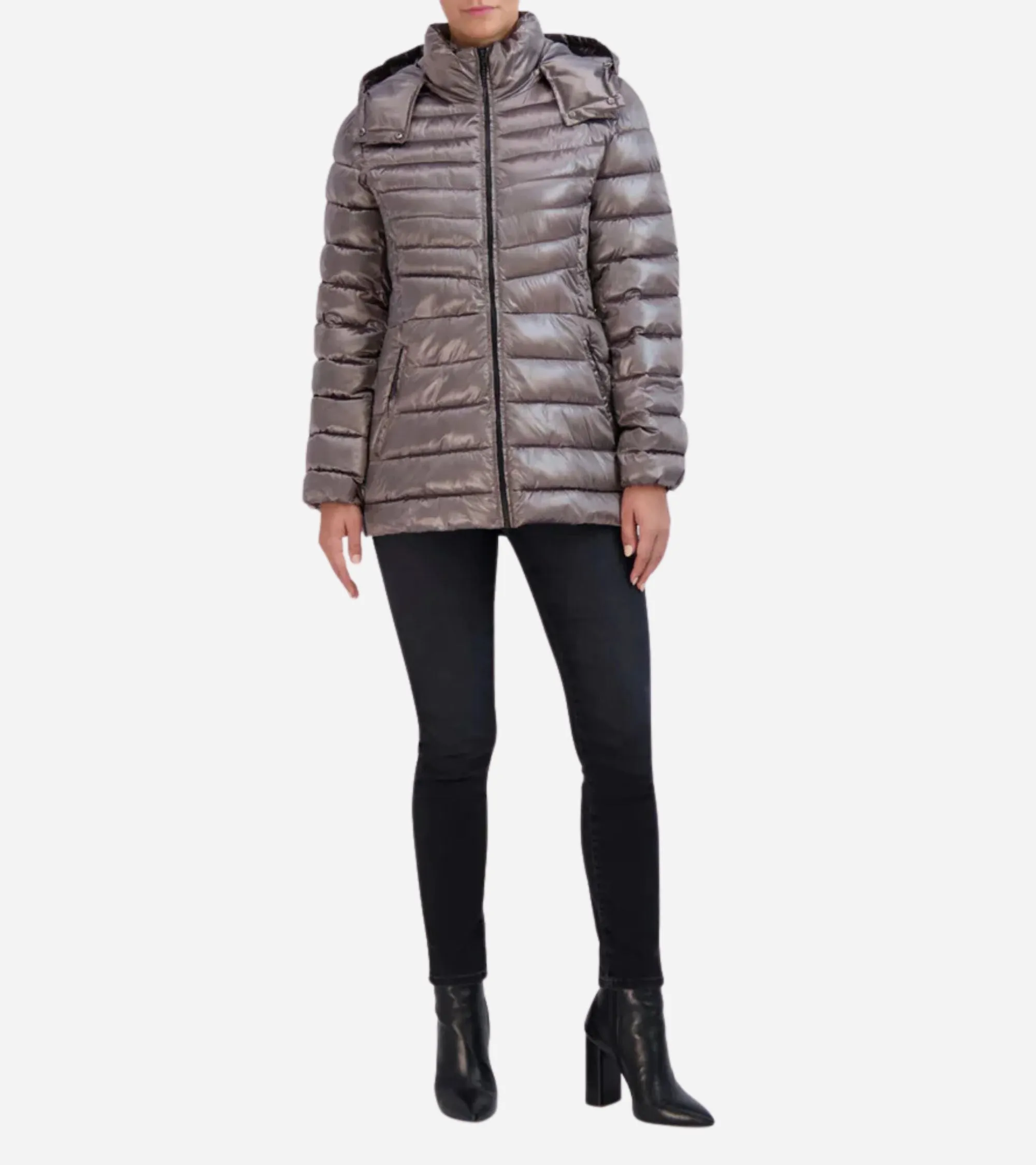 Women's Quilted Pearl Faux Down Removable Hood Jacket