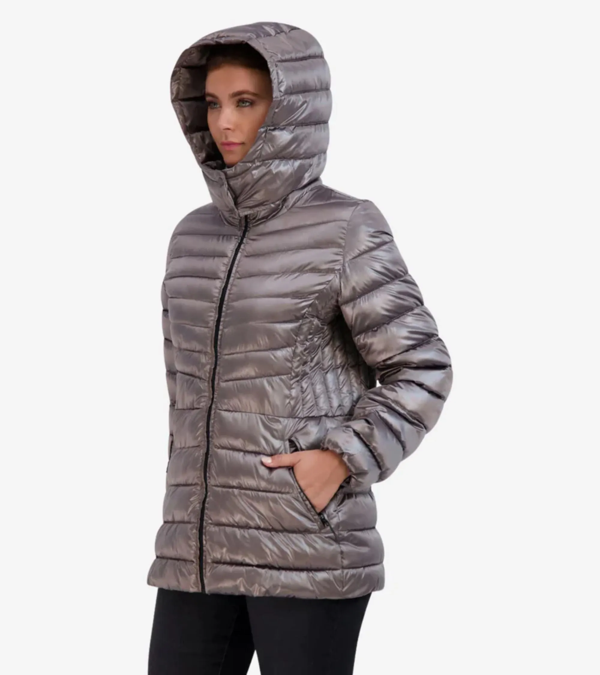 Women's Quilted Pearl Faux Down Removable Hood Jacket