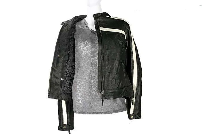 Womens Racing Leather Jacket With Off White Stripes, LJ7019-11-DL