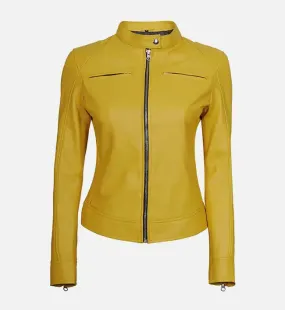 Women's Yellow Cafe Racer Leather Jacket