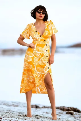 Yellow Leafy Buttoned Wrap Dress