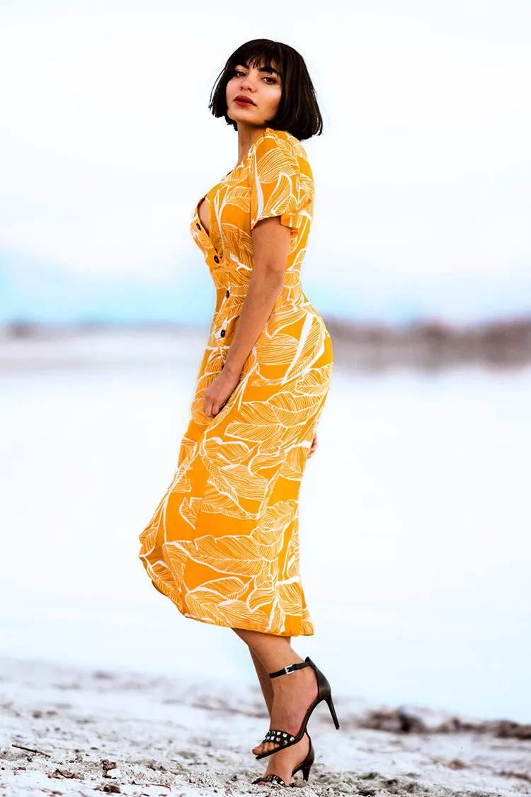 Yellow Leafy Buttoned Wrap Dress