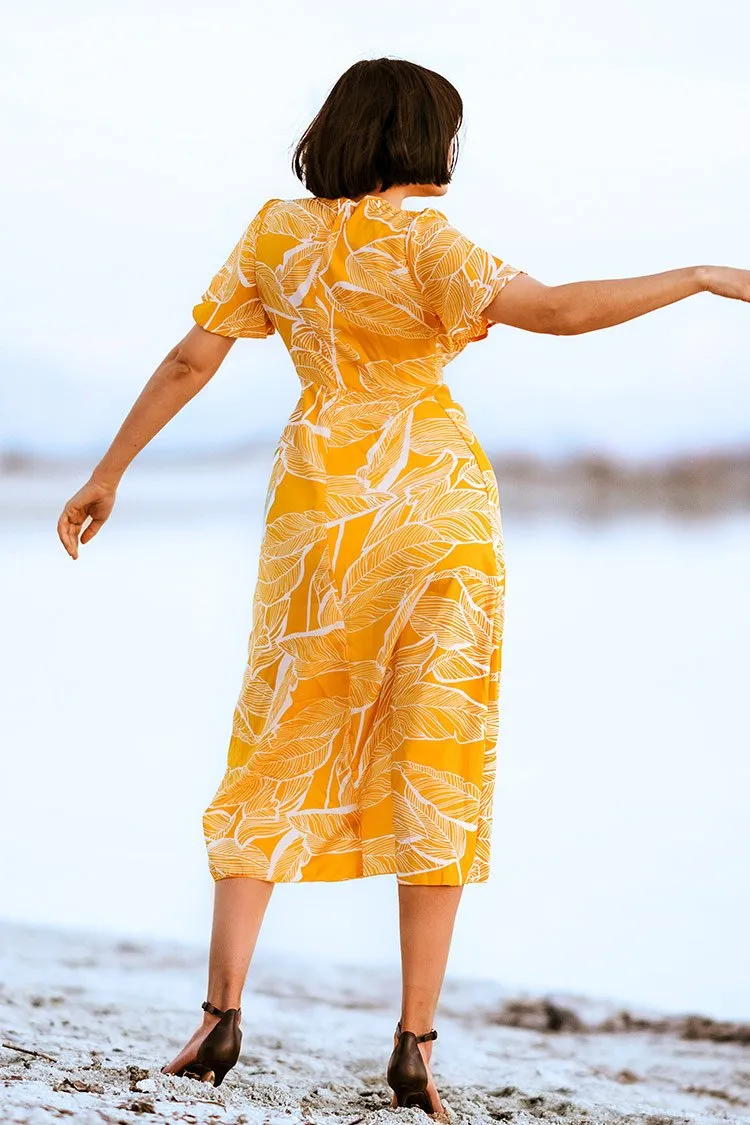 Yellow Leafy Buttoned Wrap Dress