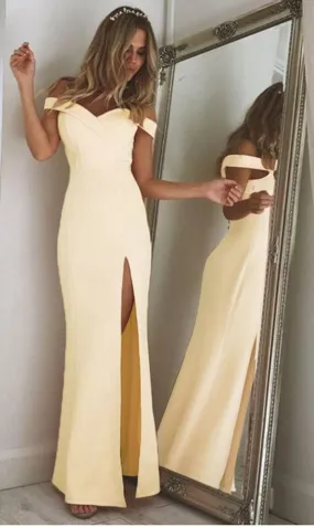 yellow off shoulder folded sweetheart split maxi dress    fg1554