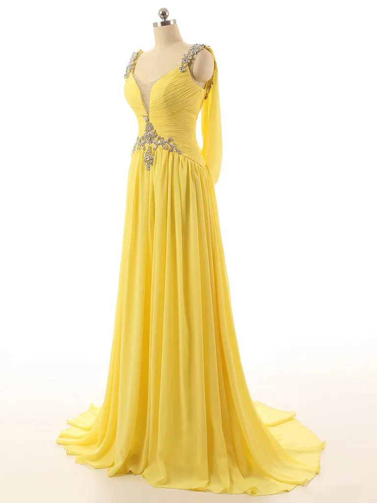 Yellow V Neck Prom Dresses at Bling Brides Bouquet Online Bridal Store